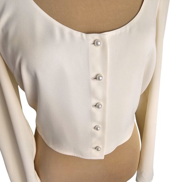 Sunday Best Kissy Blouse Cream Pearl Button Long Sleeve Cropped Blouse Sz S - Picture 9 of 14